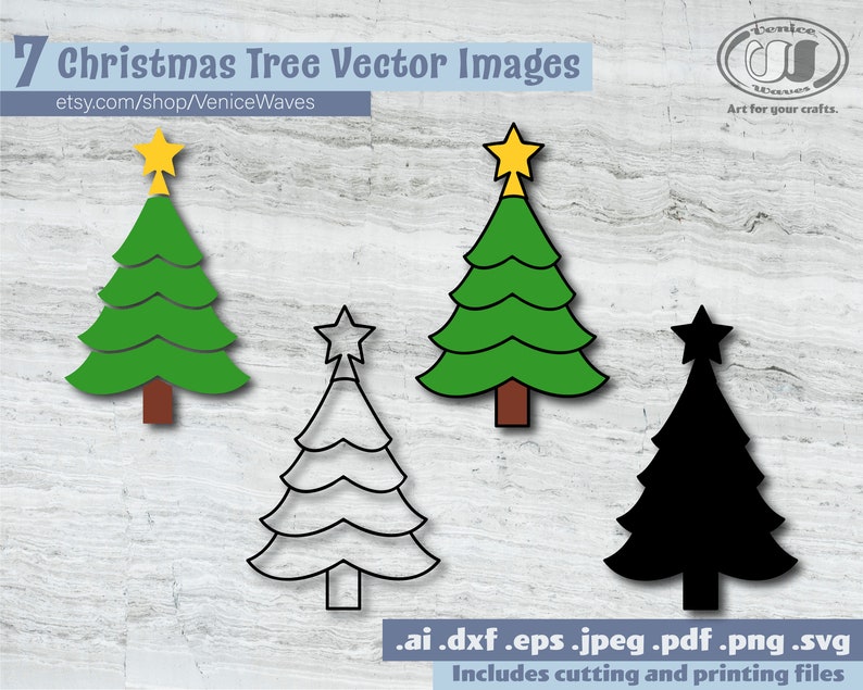 May include: A collection of seven Christmas tree vector images in various styles. The trees are green with brown trunks and yellow or black star toppers. Text includes "7 Christmas Tree Vector Images" and "Includes cutting and printing files."