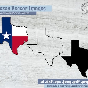 May include: Three Texas vector images are displayed against a light gray marble background. One image is the Texas flag, another is a black outline of the state, and the third is a solid black silhouette. Text includes "3 Texas Vector Images" and a shop URL.