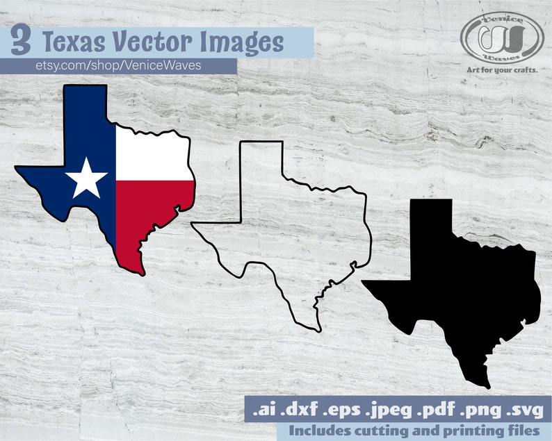 May include: Three Texas vector images are displayed against a light gray marble background. One image is the Texas flag, another is a black outline of the state, and the third is a solid black silhouette. Text includes "3 Texas Vector Images" and a shop URL.