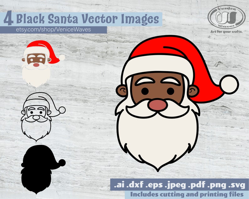 May include: Four vector images of a Black Santa Claus. The images are in different styles: color, line art, and silhouette. The Santa Claus is wearing a red hat with a white trim and a white beard.