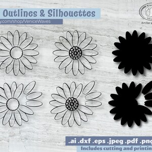 Pu&ograve; includere: Sei file di taglio digitale di un margherita, tre contorni e tre silhouette. I file sono disponibili nei formati AI, DXF, EPS, JPEG, PDF, PNG e SVG. Include file di taglio e stampa.