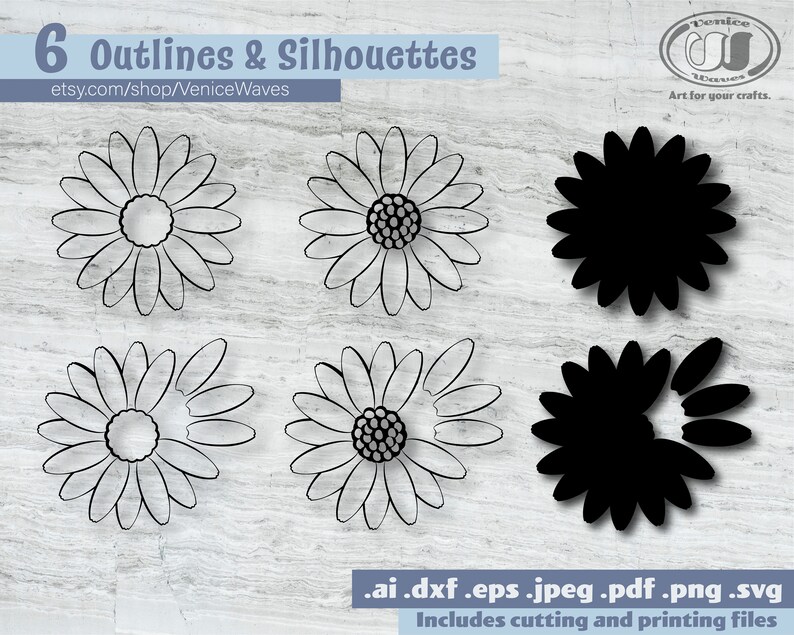 Pu&ograve; includere: Sei file di taglio digitale di un margherita, tre contorni e tre silhouette. I file sono disponibili nei formati AI, DXF, EPS, JPEG, PDF, PNG e SVG. Include file di taglio e stampa.