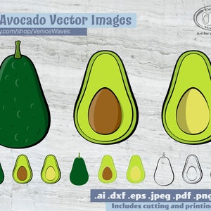 May include: Twelve vector images of avocados in various styles. The images include whole avocados, halved avocados, and outlines of avocados. The images are in black, white, green, brown, and yellow.
