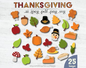 May include: A set of 25 Thanksgiving-themed clip art images. The images include a turkey, pumpkin, apple, pie, corn, leaves, acorn, and more. The images are in a cartoon style and are perfect for use in digital projects.