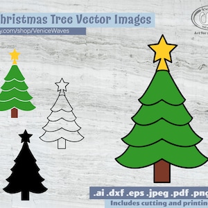 May include: A collection of seven Christmas tree vector images in various styles. The images include green, black, and outline designs, each topped with a star. Text includes "7 Christmas Tree Vector Images" and "etsy.com/shop/VeniceWaves".