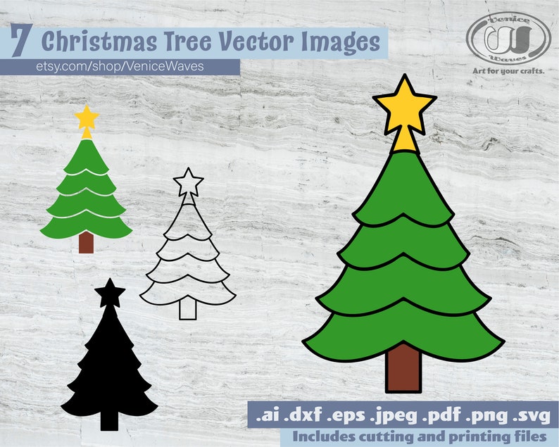 May include: A collection of seven Christmas tree vector images in various styles. The images include green, black, and outline designs, each topped with a star. Text includes "7 Christmas Tree Vector Images" and "etsy.com/shop/VeniceWaves".