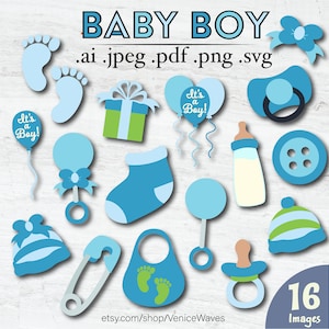 Baby Boy Shower Vector Images, Layered Cut Files, Clipart, Pacifier, Bottle, Rattle, Beanie, Balloon, Button, Instant Digital Download