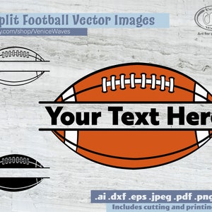 May include: Three split football vector images for crafting projects. The football is brown and white with black stitching. The text "Your Text Here" is displayed on a black banner.