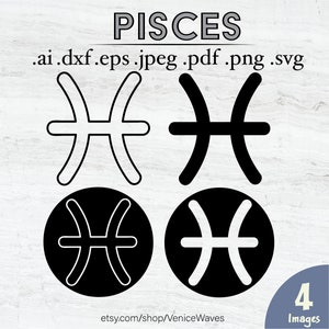 May include: Four black and white images of the Pisces zodiac symbol. The symbol is a pair of fish swimming in opposite directions. The images are in different styles, including a simple outline, a filled-in design, and a circle with the symbol inside.