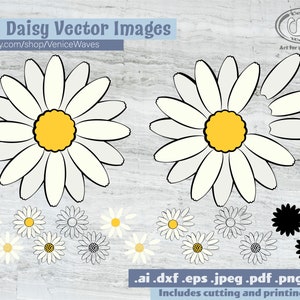 Pu&ograve; includere: Un set di 14 immagini vettoriali di margherite in bianco e nero, con un centro giallo. Le immagini includono margherite intere, mezze margherite e petali singoli. Il testo "14 Daisy Vector Images" &egrave; nella parte superiore dell'immagine, e il testo ".ai .dxf .eps .jpeg .pdf .png .svg Includes cutting and printing files" &egrave; nella parte inferiore dell'immagine.