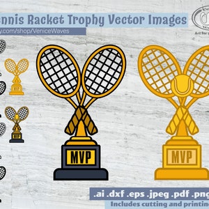 May include: A set of eight vector images of a tennis racket trophy. The trophy is gold with a black base and the words "MVP" on the base. The rackets are crossed and have a tennis ball on top. The images are in different colors and styles, including black and white, gold, and a silhouette.