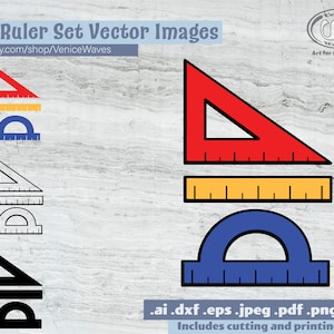 May include: A set of 12 ruler vector images in various colors and styles. The image includes a red triangle ruler, a yellow ruler, a blue protractor, and other ruler designs. Text includes "12 Ruler Set Vector Images" and "etsy.com/shop/VeniceWaves".