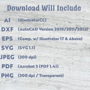 May include: Text graphic listing file formats included in a digital download. Formats include AI, DXF, EPS, SVG, JPEG, PDF, and PNG. The text is in a dark blue font against a light gray marble-like background.