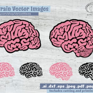 May include: Six vector images of a pink and black brain. The brain is shown in different orientations. The images are in .ai, .dxf, .eps, .jpeg, .pdf, .png, and .svg formats. The text "Includes cutting and printing files" is at the bottom of the image.