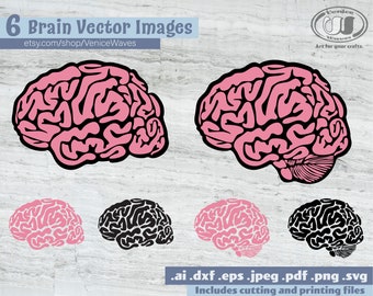 Puede incluir: Seis imágenes vectoriales de un cerebro rosa y negro. El cerebro se muestra en diferentes orientaciones. Las imágenes están en los formatos .ai, .dxf, .eps, .jpeg, .pdf, .png y .svg. El texto "Incluye archivos de corte e impresión" está en la parte inferior de la imagen.