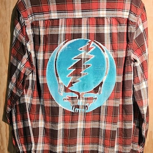 May include: Red, brown, and white plaid flannel shirt with a large blue and white graphic on the back. The graphic is a stylized skull with a lightning bolt.