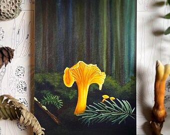 Yellowfoot Mushroom Art Print, Magical Forest Scene Art Print, Mushrooms Autumn Forest Painting