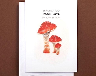 Verjaardagskaart aquarel paddestoel, Cottagecore stationair, wenskaart rode paddestoelen