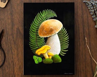 Mushroom Art Print, Whimsical Forest Decor, Forest Mushroom Prints, Nature Still Life, Acrylic Mushroom Painting