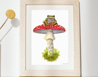 Magischer Frosch-Pilz-Druck, Verspielter Frosch- und Fliegenpilz-Aquarelldruck, Waldfrosch, Wanddekoration im Cottagecore-Stil