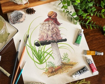 Akvarelltryck med sniglar och svamp, nyckfull väggkonst med stugfärger, konsttryck med svamp och snigel