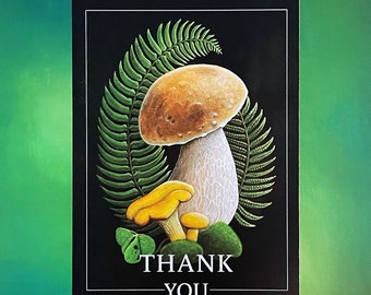 Cartão de agradecimento de cogumelo, cartão de felicitações com ilustração botânica, cartão em branco, papelaria de cogumelo