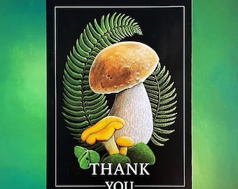 Bedankkaart bospaddestoel, wenskaart botanische kunst, kaart paddenstoelen en varens, kaart paddenstoelenliefhebber