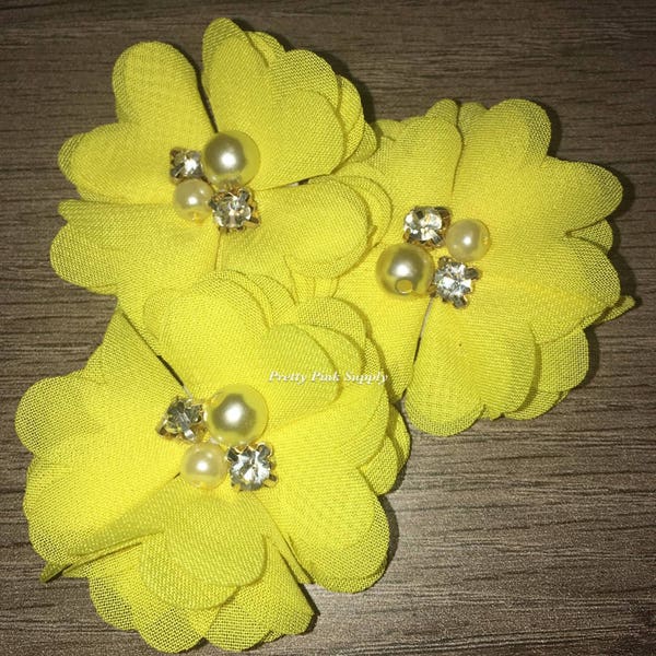 Yellow Pearl & Rhinestone Chiffon Flower; The Aubrey Collection - Headband Supplies, Craft Supply