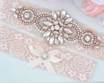 Wedding blush lace garter set ,Bridal garter set , Crystal  bridal garter . Wedding garter , wedding gift
