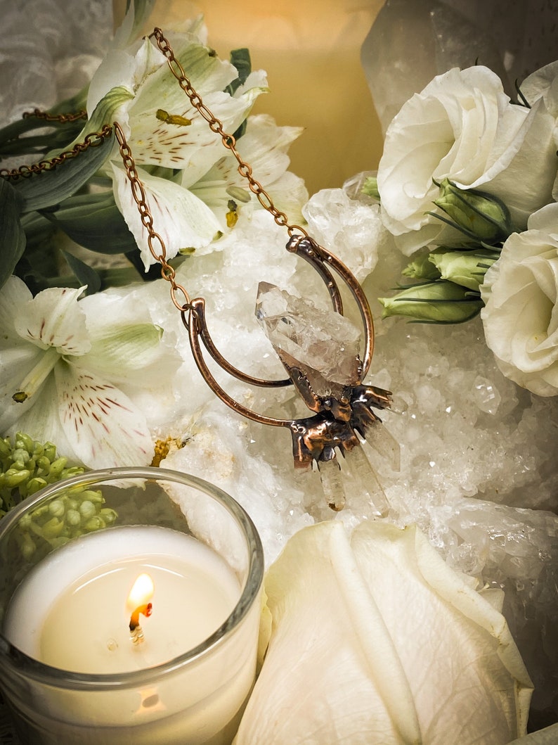 Copper Statement Necklace Moon Necklace Quartz Cluster Electroformed Jewelry Quartz Pendant