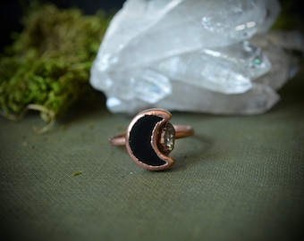 Obsidian Ring | Copper Jewelry | Herkimer Diamond | Electroformed Jewelry | Crescent Moon Ring | Statement Ring