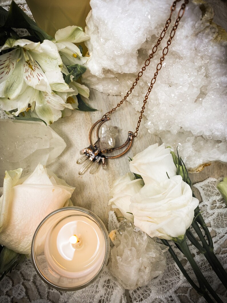 Copper Statement Necklace Moon Necklace Quartz Cluster Electroformed Jewelry Quartz Pendant