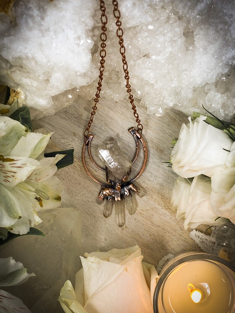 Copper Statement Necklace Moon Necklace Quartz Cluster Electroformed Jewelry Quartz Pendant