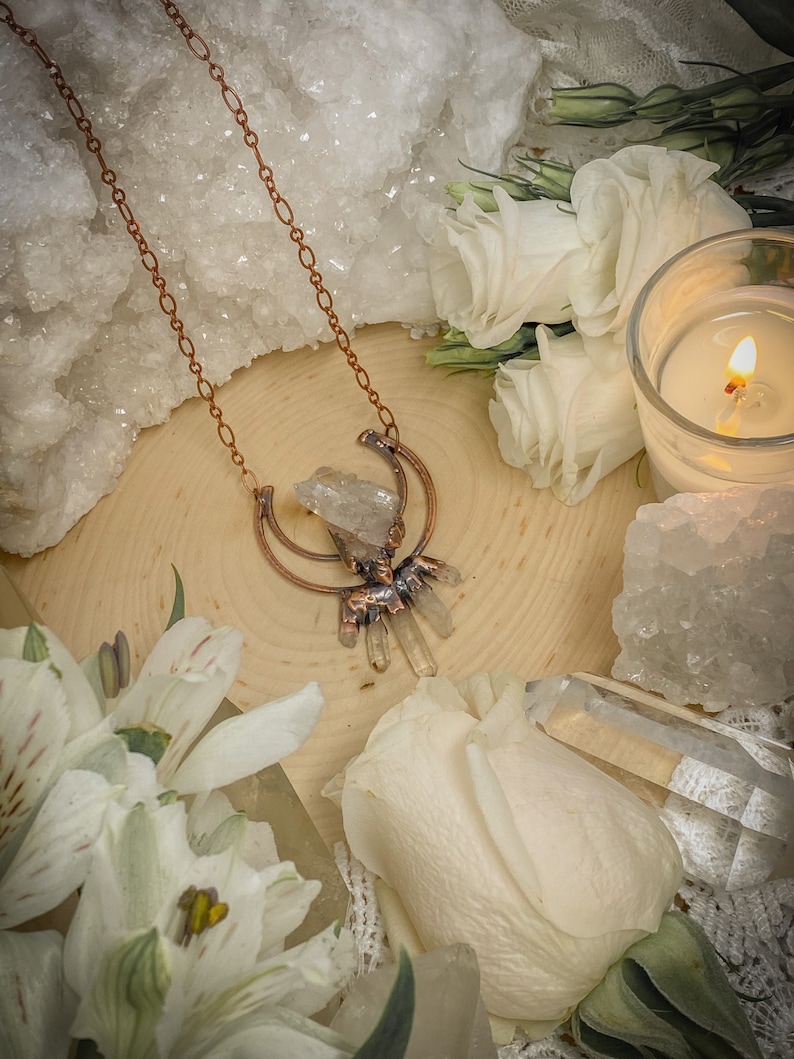 Copper Statement Necklace Moon Necklace Quartz Cluster Electroformed Jewelry Quartz Pendant