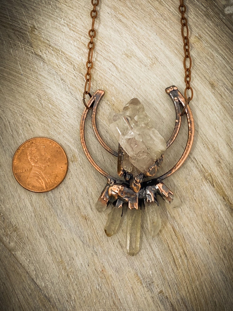 Copper Statement Necklace Moon Necklace Quartz Cluster Electroformed Jewelry Quartz Pendant