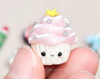 Kawaii Pink Christmas Tree charm / Polymer clay cupcake tree, Cute stitch markers and gifts for bakers, Food charm, Sparkle cupcake necklace