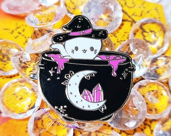 Witchy Cat Hard Enamel Pin / Kawaii enamel pin, Cat in a Cauldron, Cute push pins, Kawaii cat pins, Crystal Halloween enamel pins