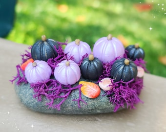 Pumpkin Patch Ocean Stone Figure / Polymer clay and pebble paperweights