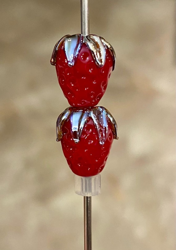 Lampwork Strawberry Beads: Silver Glass Leaves, Handmade Pair