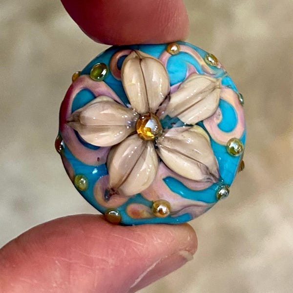 Lampwork Glass Bead Large Lentil Focal: Hand Sculpted, Silver Glass, Turquoise Base, Double sided