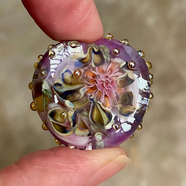 Lampwork Glass Bead:  Softly Shaped Heart Focal, Clear Base, Double Sided, Flower Murrini