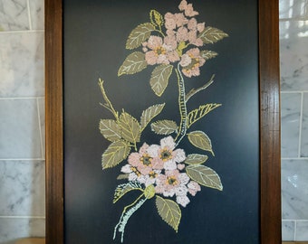 Vintage Framed Behind Glass Crewel Flower Embroidery Art