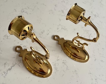Vintage Pair of Oval Brass Scroll Candle Holder Wall Sconces