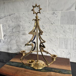 Vintage MCM Brass Floating Christmas Tree Candle Holder Candelabra