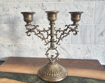 Vintage Ornate Brass Scroll 3 Arm Candelabra