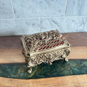 Vintage Art Nouveau Style Gold Tone Metal Filigree Jewelry Box Casket, Red Felt Lining