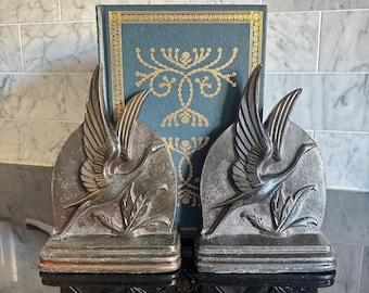 Vintage Set of Art Deco Flying Crane Bronze Cast Metal Bookends