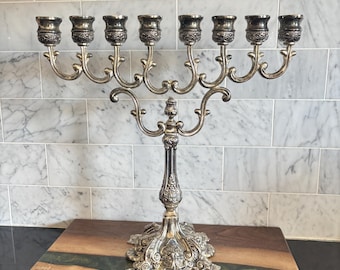 Vintage Ornate 12.75” Silver Plated Menorah, 8-Arm Candelabrum / Candelabra