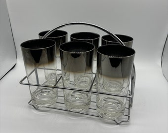 Vintage MCM Silver Fade Highball Glassware Set with Metal Glass Caddy