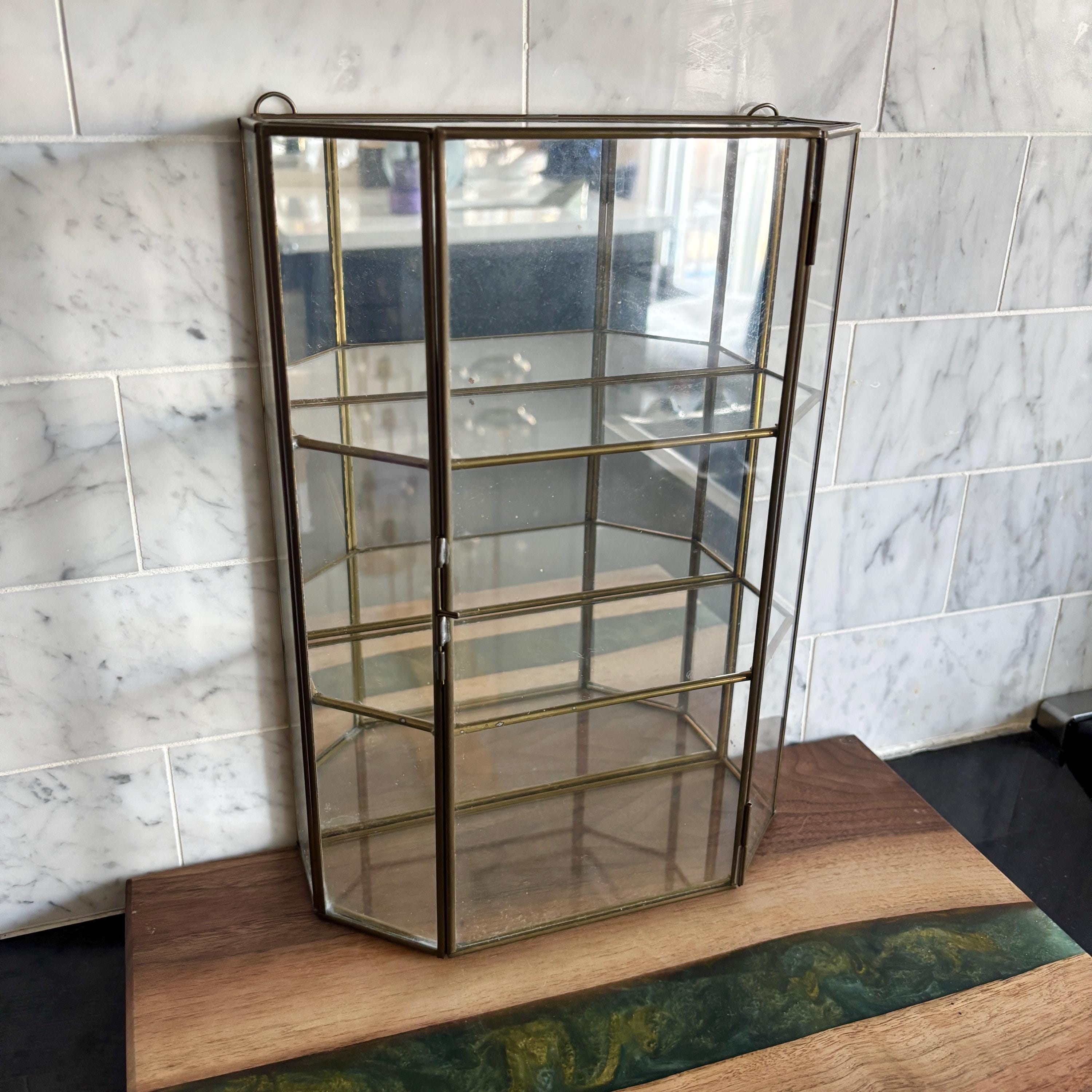 Vintage 12” Glass and Brass Mirrored Curio Cabinet - Table Top or Wall Hanging